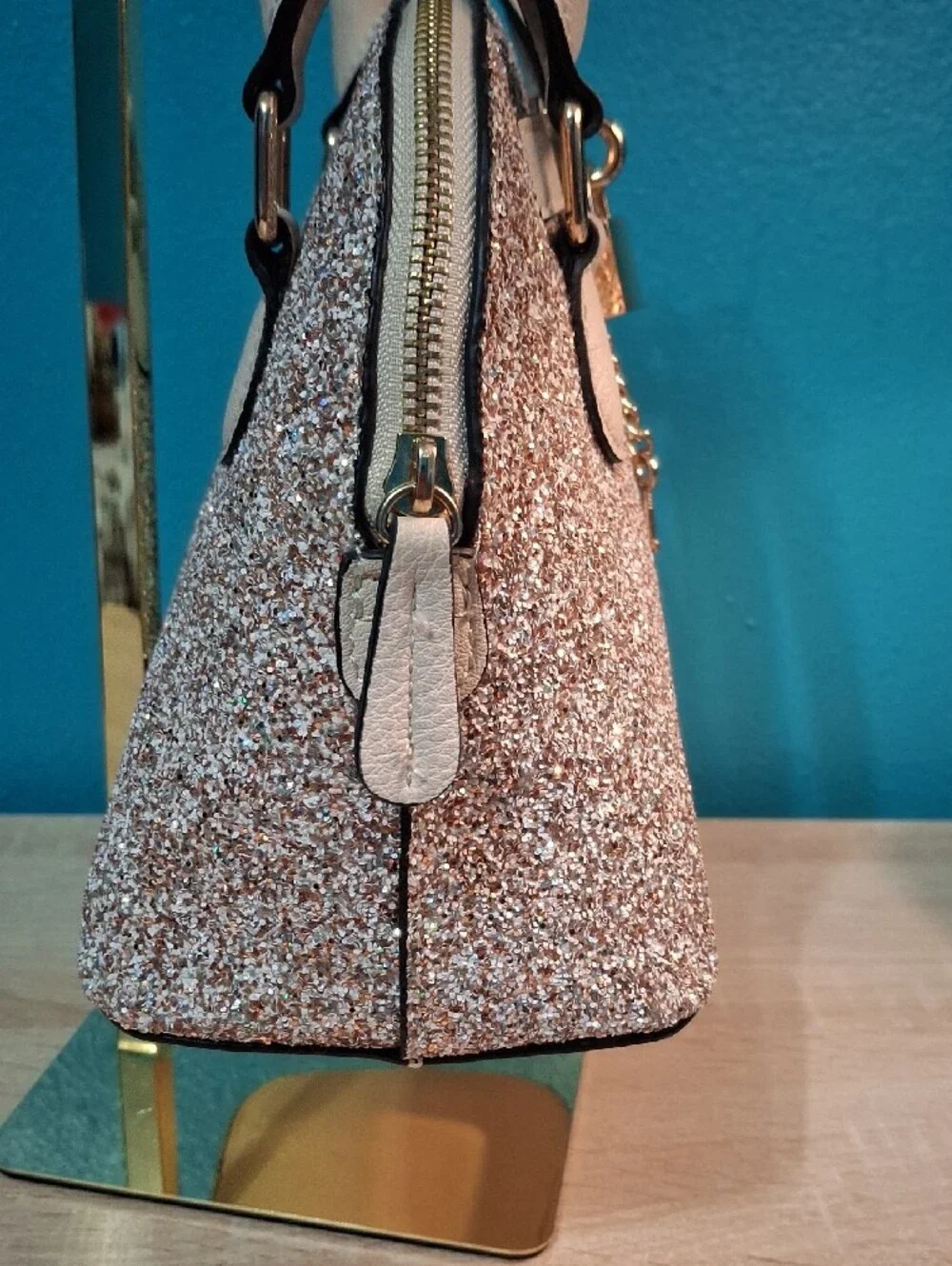 Aldo Rose Gold Glitter Satchel with Cream Handles